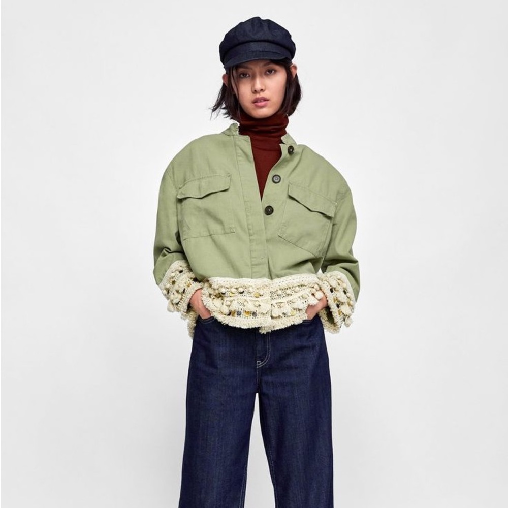 Zara Army Green Fringe Embroidered Boho Jacket